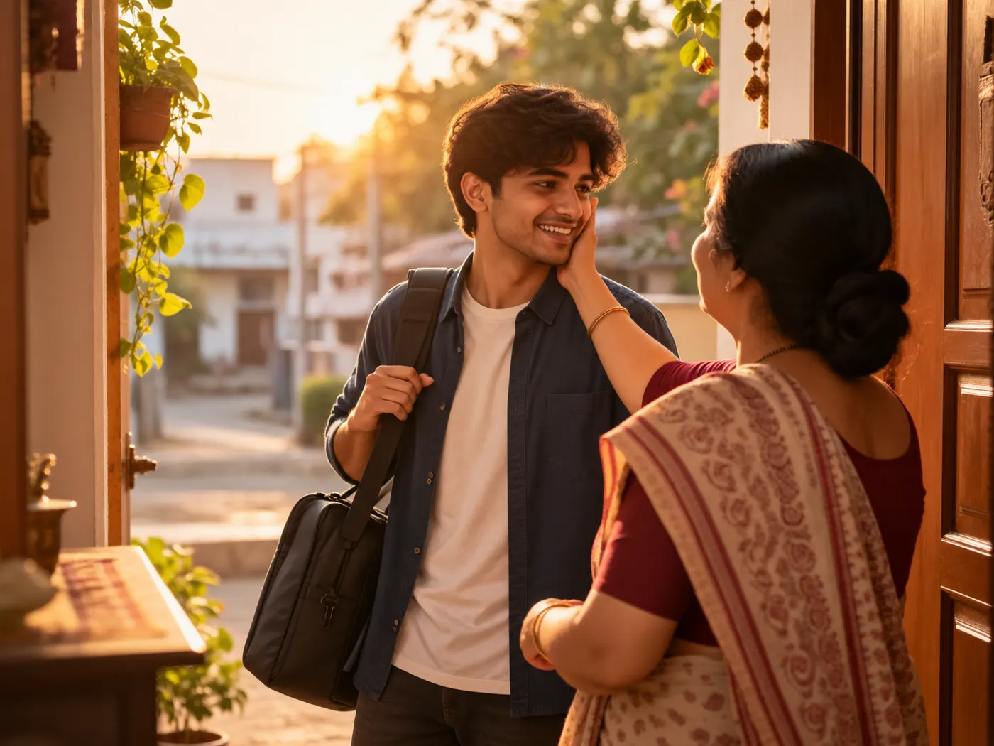 A young learner leaving home for his course, his mother seeing him off at the doorway