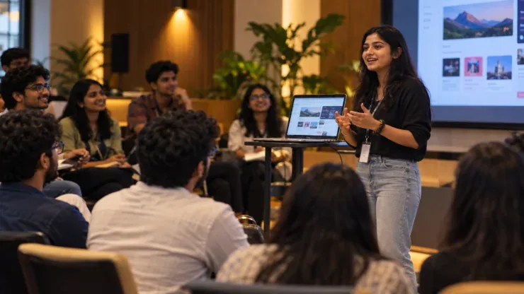 A learner presenting to the batch on Demo Day
