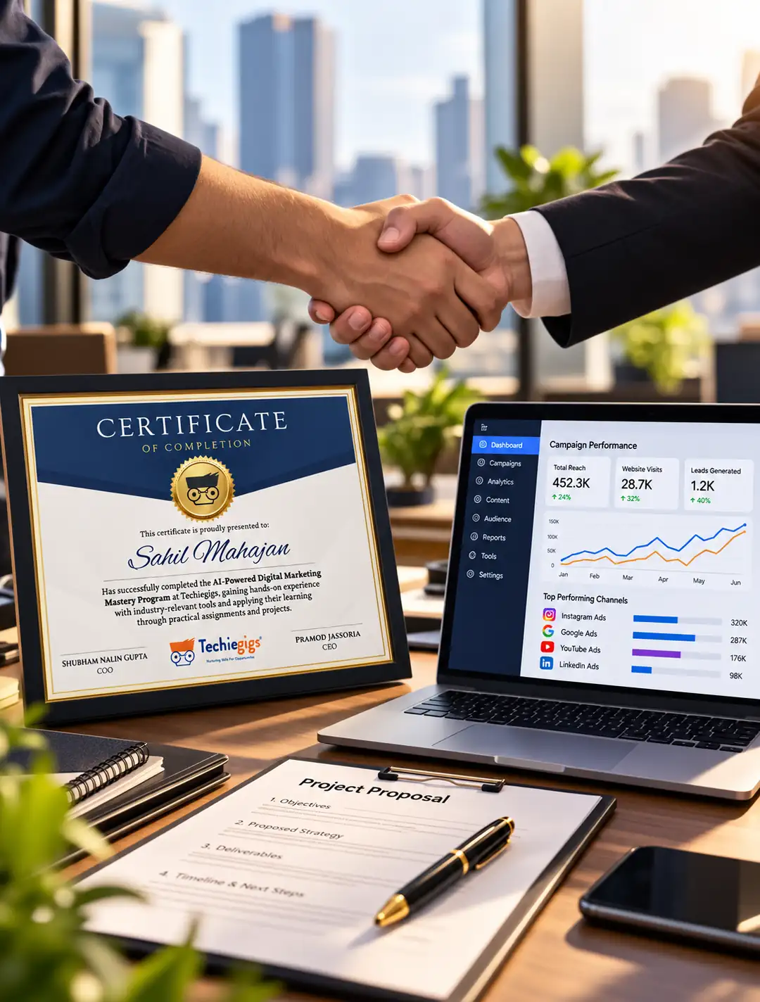 A certificate of completion beside a campaign dashboard
